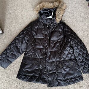 Lane Bryant Black Quilted Puffer Coat with Faux Fur Hood